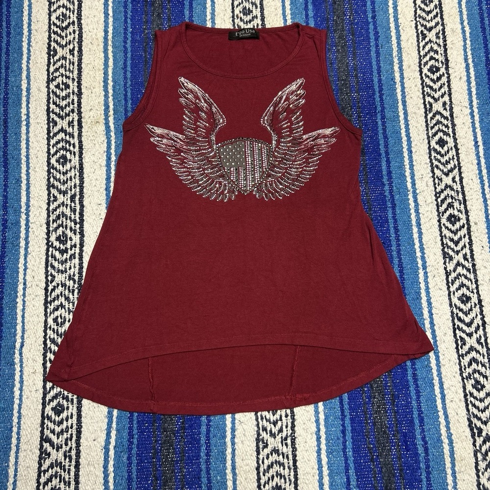 Y2K Ego USA Designs Womens Small Rhinestone Wing American Flag Biker Tank Top